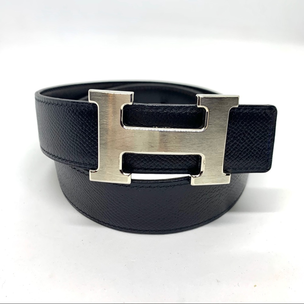 HERMES Black Black Leather Silver H Logo Constance